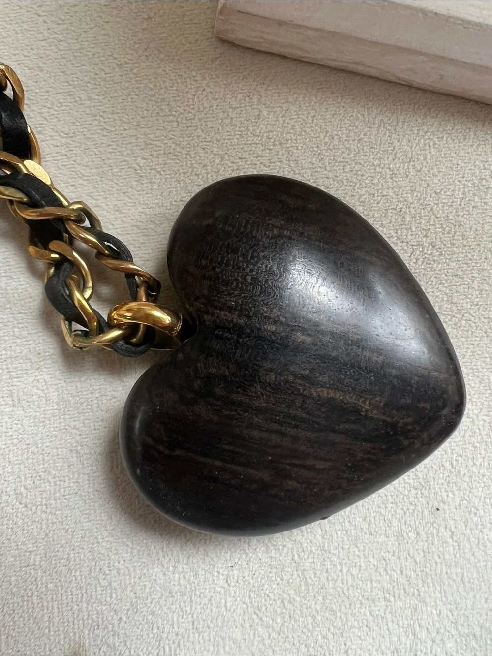 Rare🔥Chanel 1992 Large Wood heart 24K Gold Plated Hardware Necklace